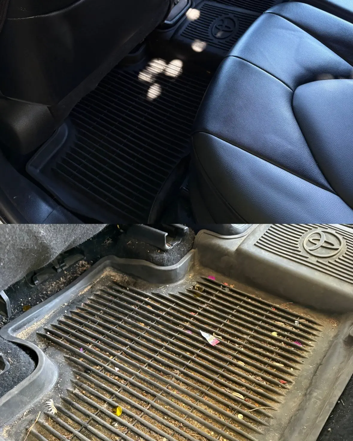 Muddy carpet and floor mats before extraction