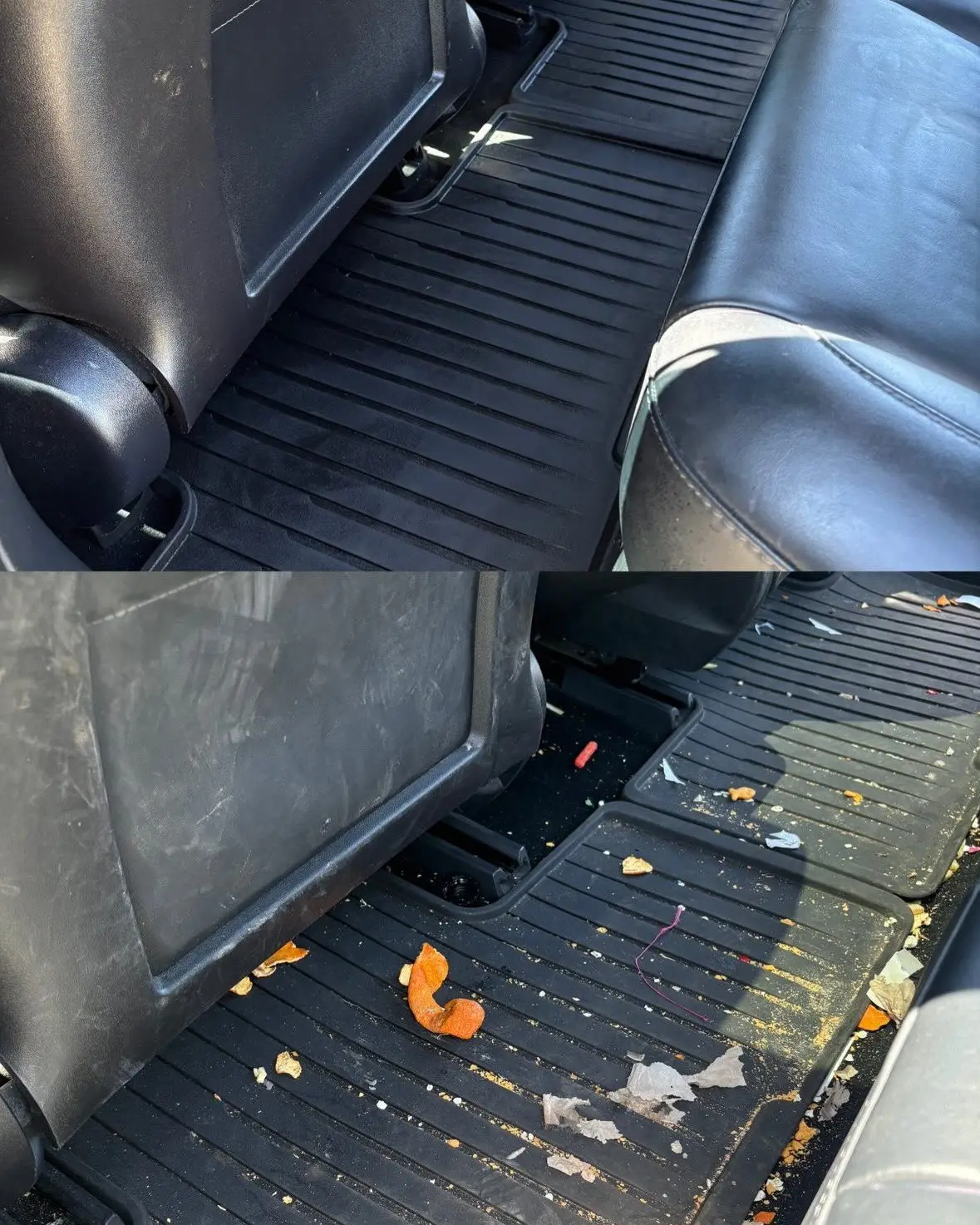 Crumbs and dirt in the seat seams before shampooing
