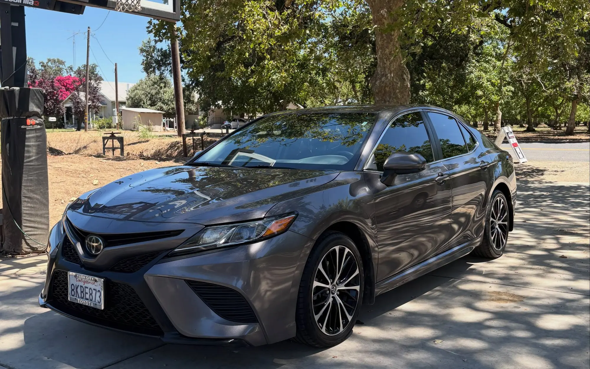 Gray Toyota Camry in a shaded driveway after a Refresh Detail