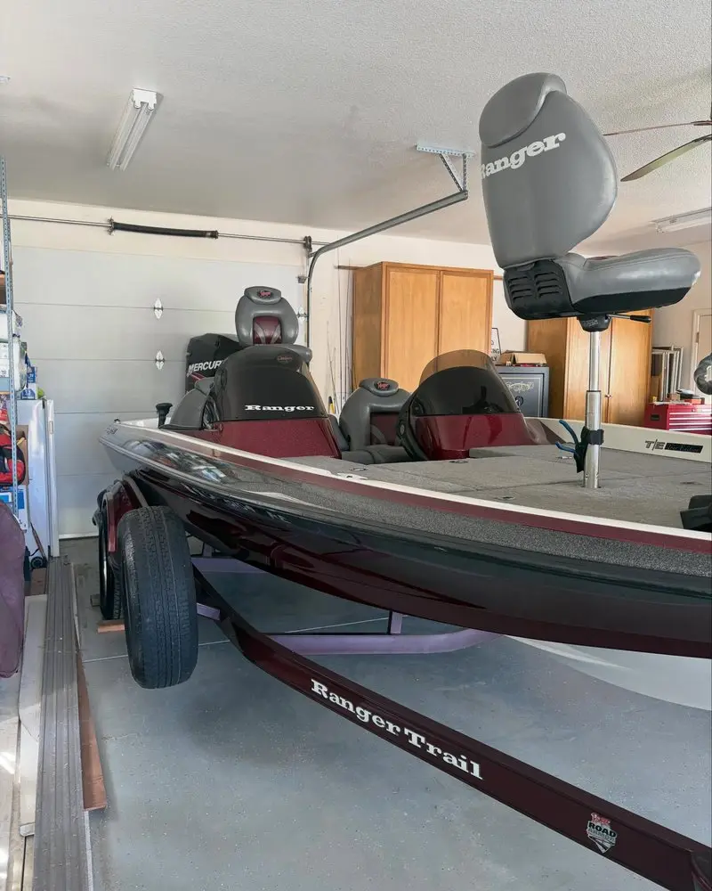 Ranger bass boat detailed inside a garage