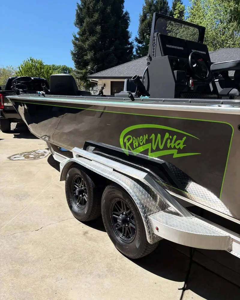 River Wild jet boat on its trailer after detailing